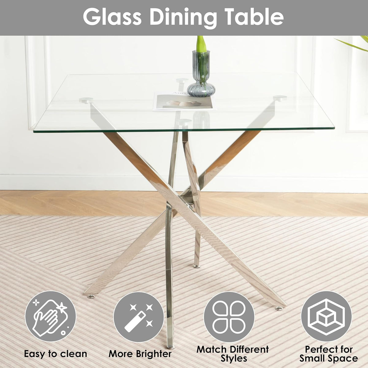5 Piece Silver Luxury Glass Dining Set, Modern Minimalist Kitchen Table Set for 4, 36'' Clear Square Glass Top Dinner Room Set, Grey High-end Tufted Chairs, for Small Place Living Room
