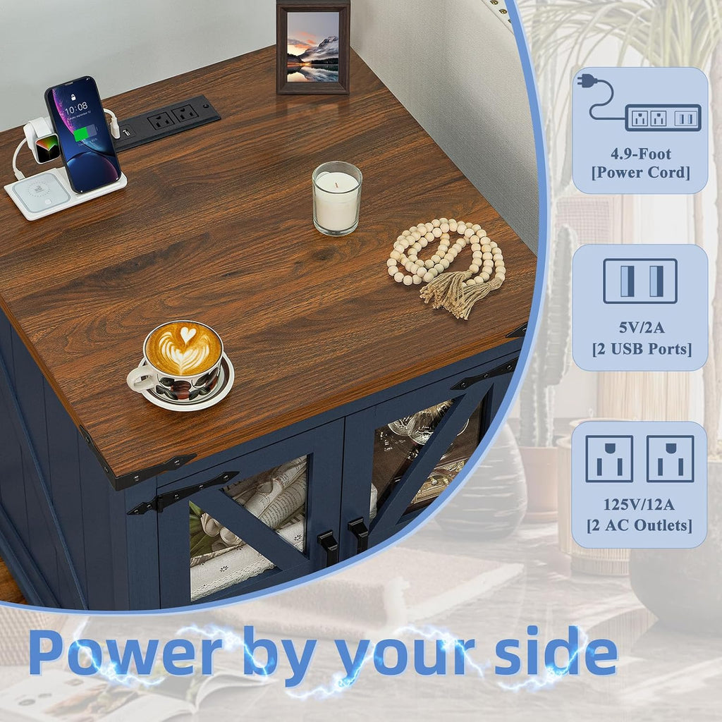 Joaxswe Farmhouse Coffee Table Set 3, End Table and Coffee Table | Blue 24'' Side Table with Charger and Coffee Table with Hidden Storage Organizer, Center Table Set for Living Room,Office