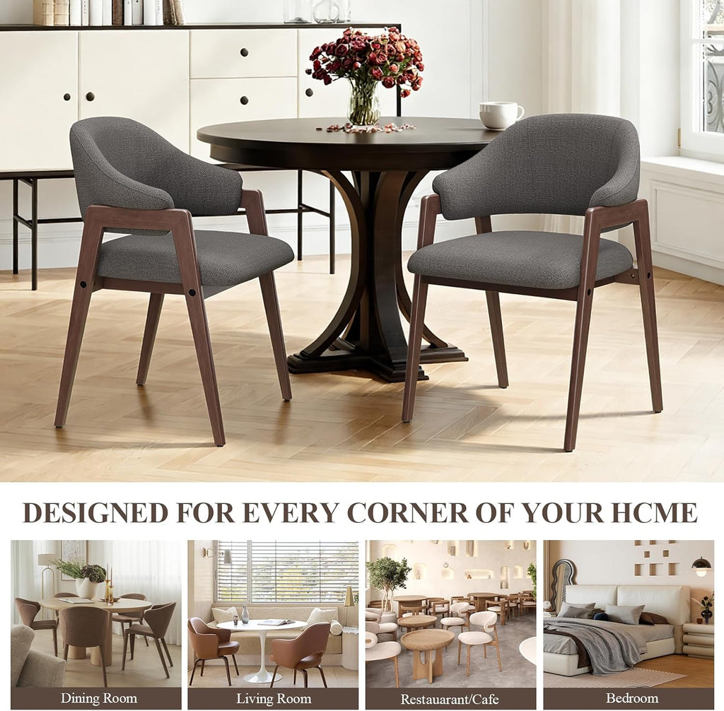 MALOL Wooden Dining Chairs Set of 2, Modern Fabric Upholstered Dining Room Chair, Kitchen Side Chairs, Farmhouse Dinner Chair with Curved Open Back for Kitchen, Grey