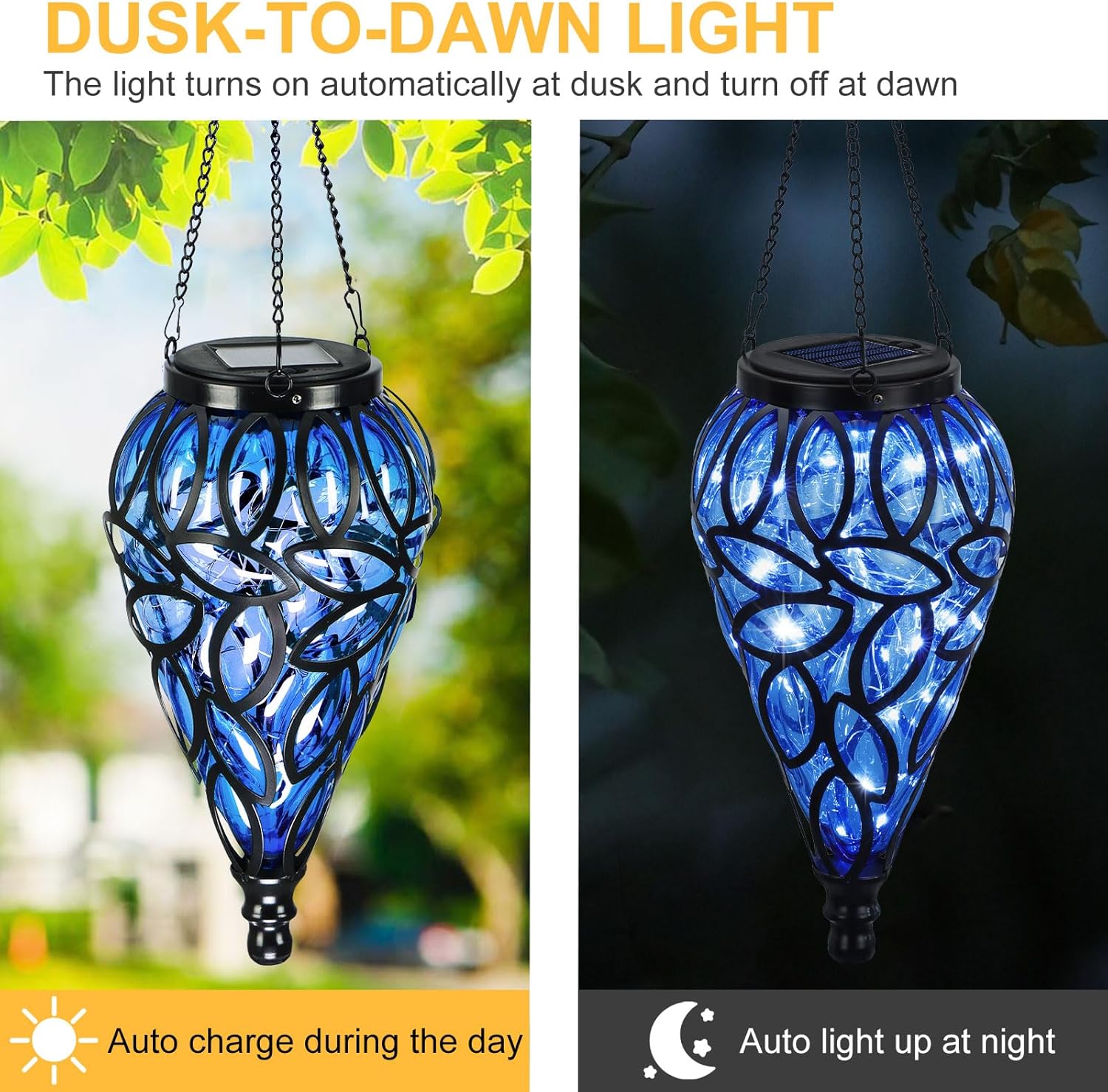 Solar Hanging Lantern Lights, Tear-Drop 15-LED – Cool White Outdoor Lights with S-Hooks