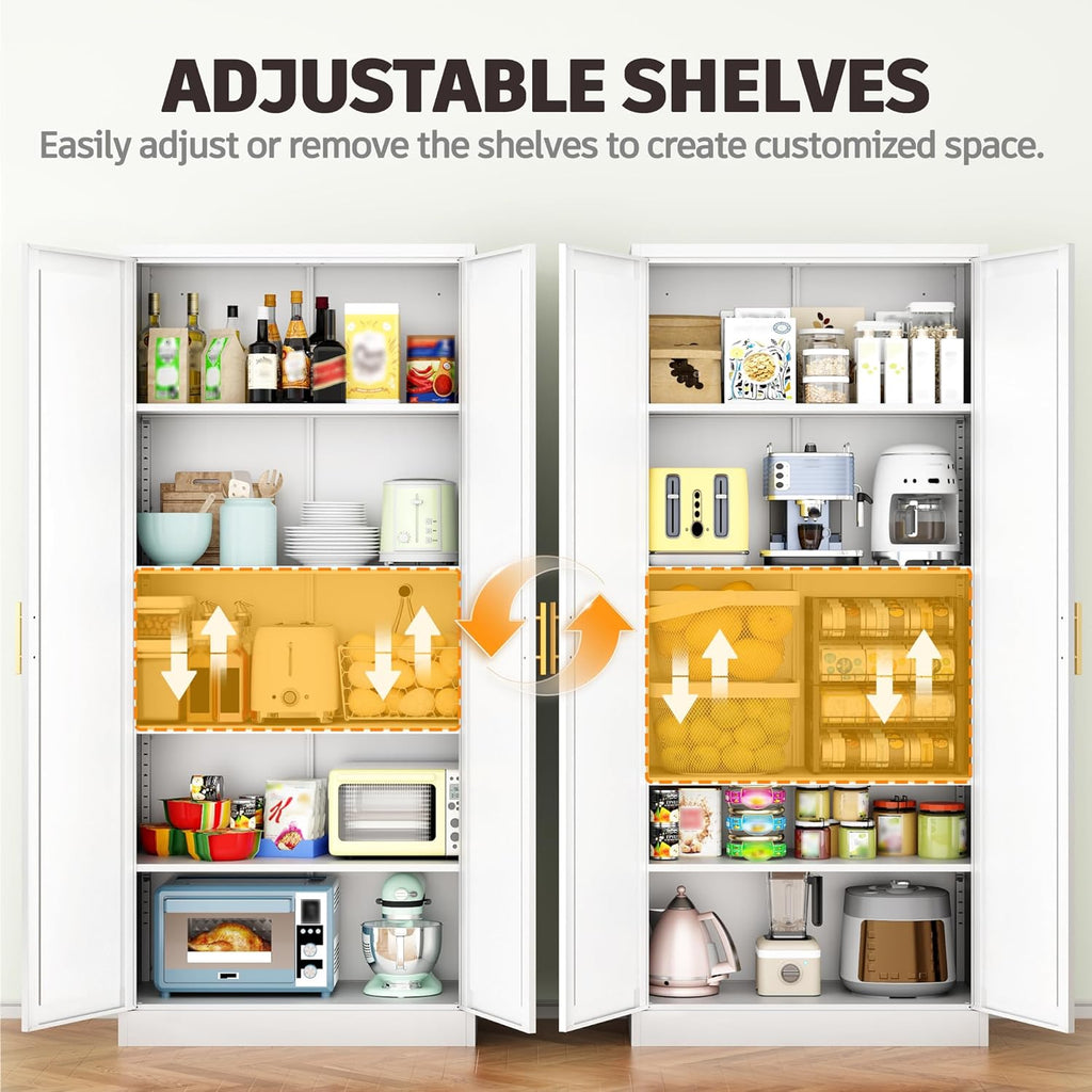 71” Tall Kitchen Pantry Cabinet, Metal Storage Cabinet with 2 Doors and 4 Adjustable Shelves for Kitchen, Living Room, Laundry Room