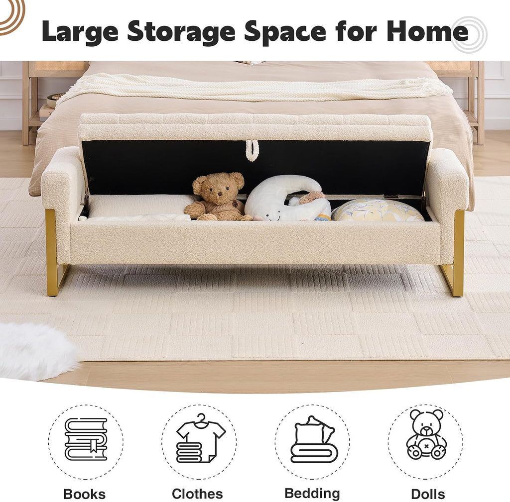 67" End of Bed Storage Bench King Size, Bench for Bedroom Foot of Bed, Upholstered Teddy Storage Ottoman with Gold Legs for Window Living Room, Teddy Beige