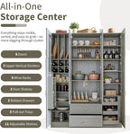 Large Kitchen Pantry Cabinet with 6 Doors and Drawers, Storage Cabinet Cupboard with Adjustable Shelves, Pull-Out Trays and Wine Rack for Dining Room, Kitchen (Green)