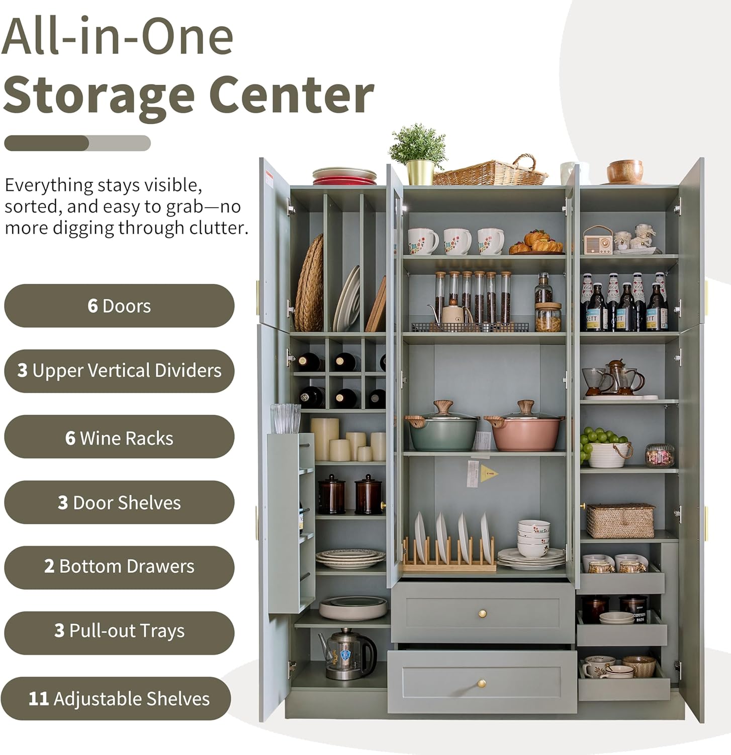 Large Kitchen Pantry Cabinet with 6 Doors and Drawers, Storage Cabinet Cupboard with Adjustable Shelves, Pull-Out Trays and Wine Rack for Dining Room, Kitchen (Green)