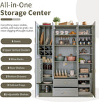 Polibi 6-Door Kitchen Pantry Storage Cabinet,53.2''Lx17.7''W Large Cupboard with Wine Rack, Adjustable Shelves & Pull-Out Trays for Dining Room Organization, Modern Design, Green