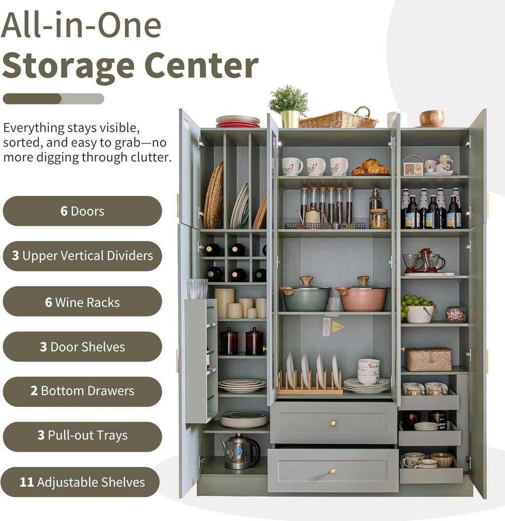 Modern Large Kitchen Pantry with 6 Doors,Storage Cupboard with Drawers, Adjustable Shelves,Pull-Out Trays and Wine Rack for Dining Room (Gray/KP)