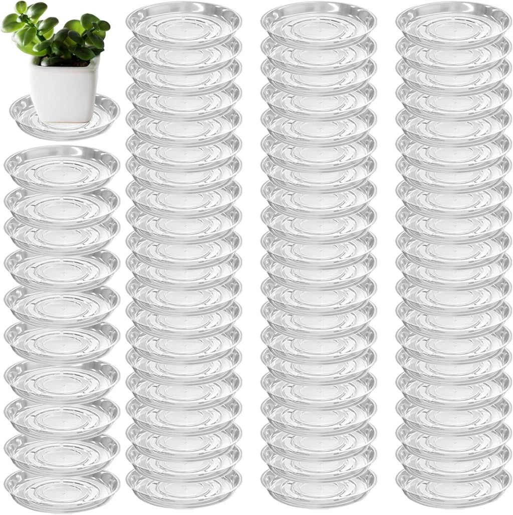 70 Packs 4" Clear Plant Saucers for Indoor Outdoor Use Heavy Duty Plastic Plant Trays for Planter Flower Pot Drip Trays to Catch Water, 4 to 20 Inch, Round Transparent