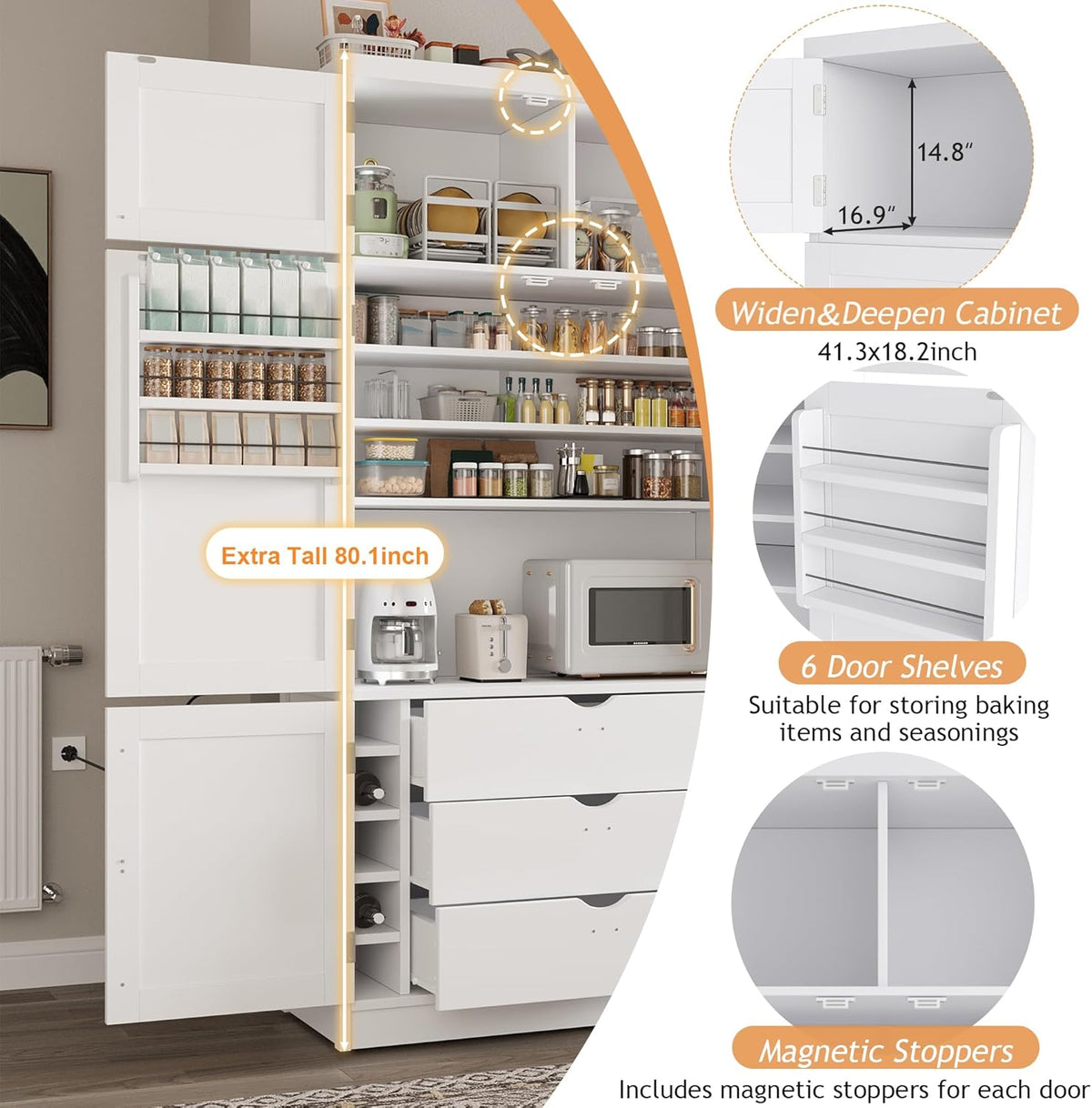 JIJIWANG 80.1'' Modern Kitchen Pantry Storage Cabinet with Adjustable Shelves and Storage Cabinet,Versatile Cupboard with Door Shelves and Drawers,for Kitchen,Dining Room,White