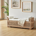 HULALA HOME 56" Rattan Storage Bench, Boho Wicker End of Bed Bench, Natural | Water Hyacinth Frame, Hollow-Carved Design, Armrests and Round Pillows, for Bedroom Entryway Living Room