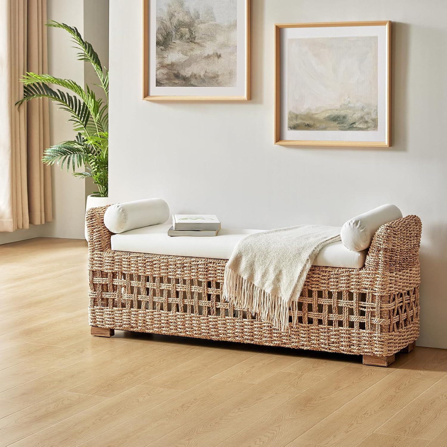 HULALA HOME 56" Rattan Storage Bench, Boho Wicker End of Bed Bench, Natural | Water Hyacinth Frame, Hollow-Carved Design, Armrests and Round Pillows, for Bedroom Entryway Living Room