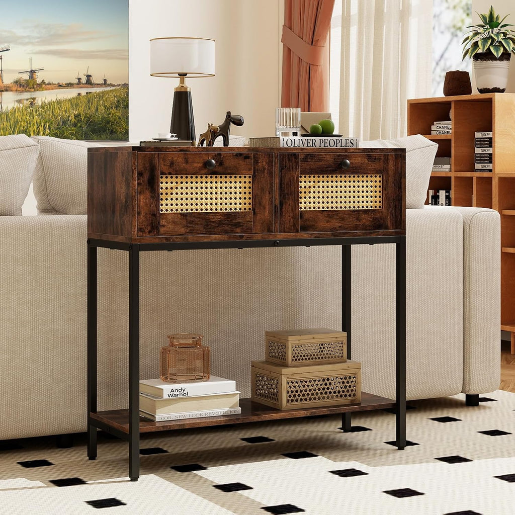 GOFLAME Rattan Console Table, Boho Entryway Table with 2 Drawers & Open Storage Shelf, Narrow Long Sofa Table with Metal Legs, Foyer Table Behind Couch Table for Living Room, Hallway, Rustic Brown