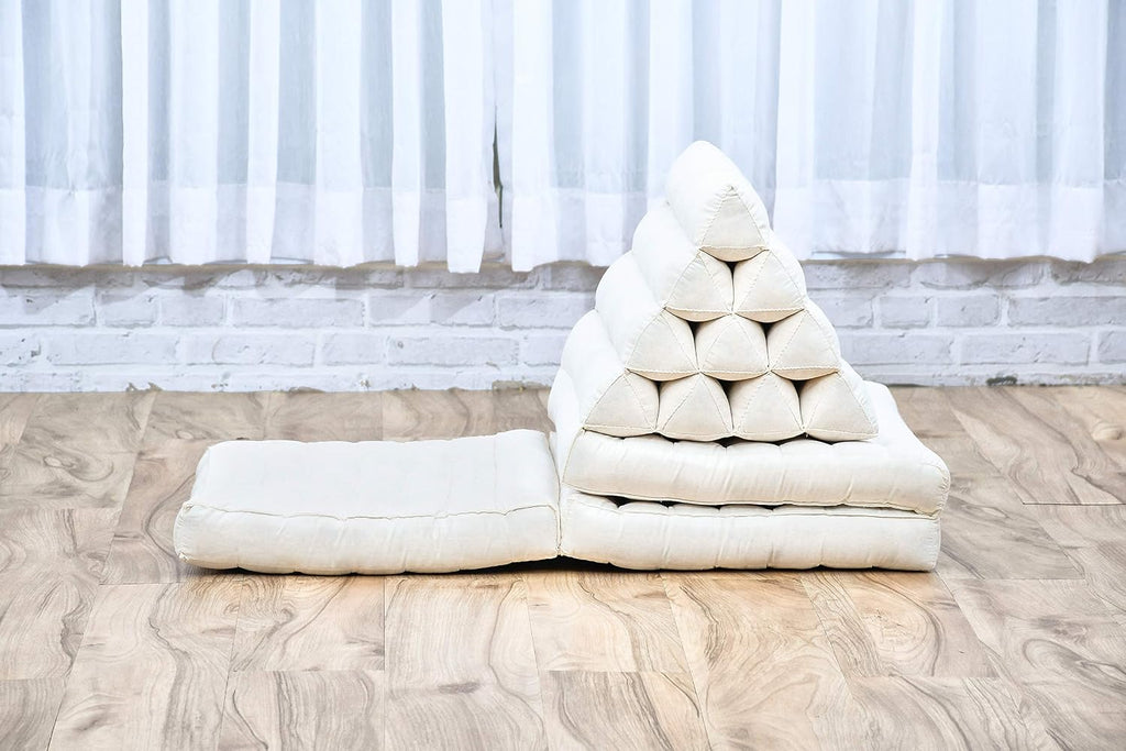 Leewadee - Comfortable Japanese Floor Mattress - Thai Floor Bed with Triangle Cushion - Futon Mattress - Thai Massage Mat, 67 x 21 inches, Ecru, Kapok Filling | Floor & lounge cushion for relaxing, reading & TV - for meditation & yoga, firm & stable