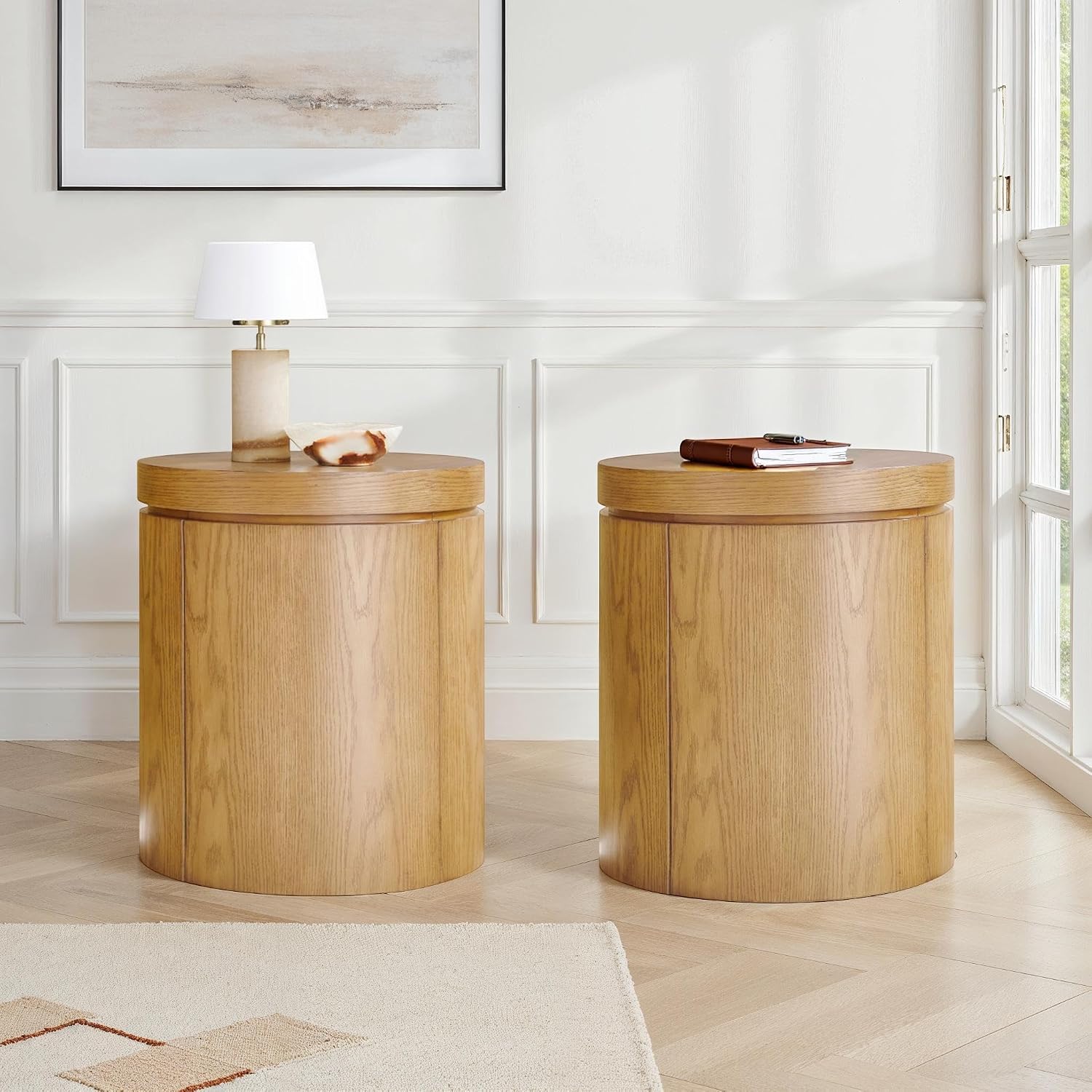 Walker Edison 2-Pack Maya Modern Solid Oak Wood Veneer Side Tables with Storage, 18 Inch, White Oak