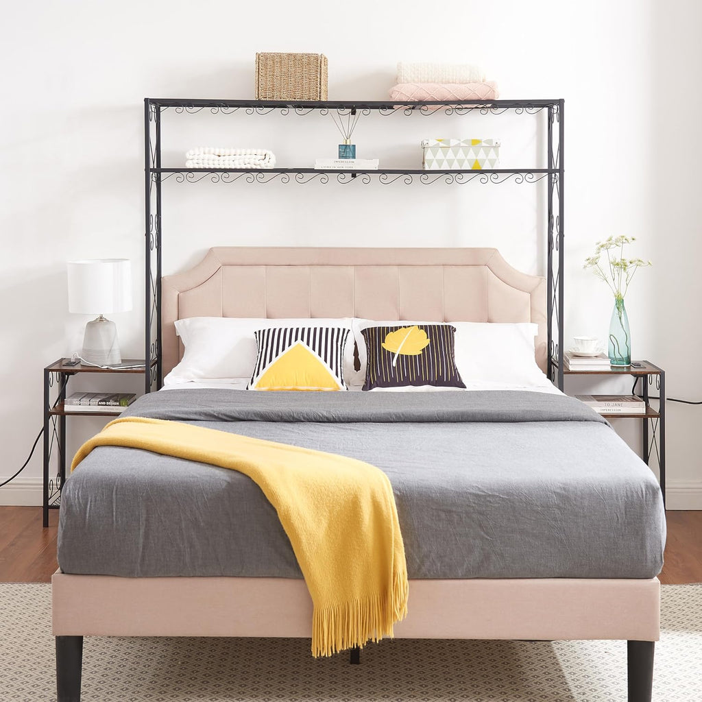 Queen Bed e with 2 Nightstands Headboards with Storage Cabinet, Headboard with Shelves, Bookcase Headboard Queen Easy Assembly for Bedroom Iron and Wood Rustic Brown