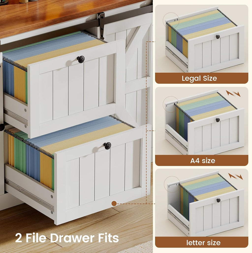 SEDETA 2 Drawer File Cabinet with Power Strip, 41” Farmhouse Filing Cabinet fits Legal, Letter, A4 Size Files for Home Office, Printer Stand with Storage Shelf, Bar Door and LED Lights, White
