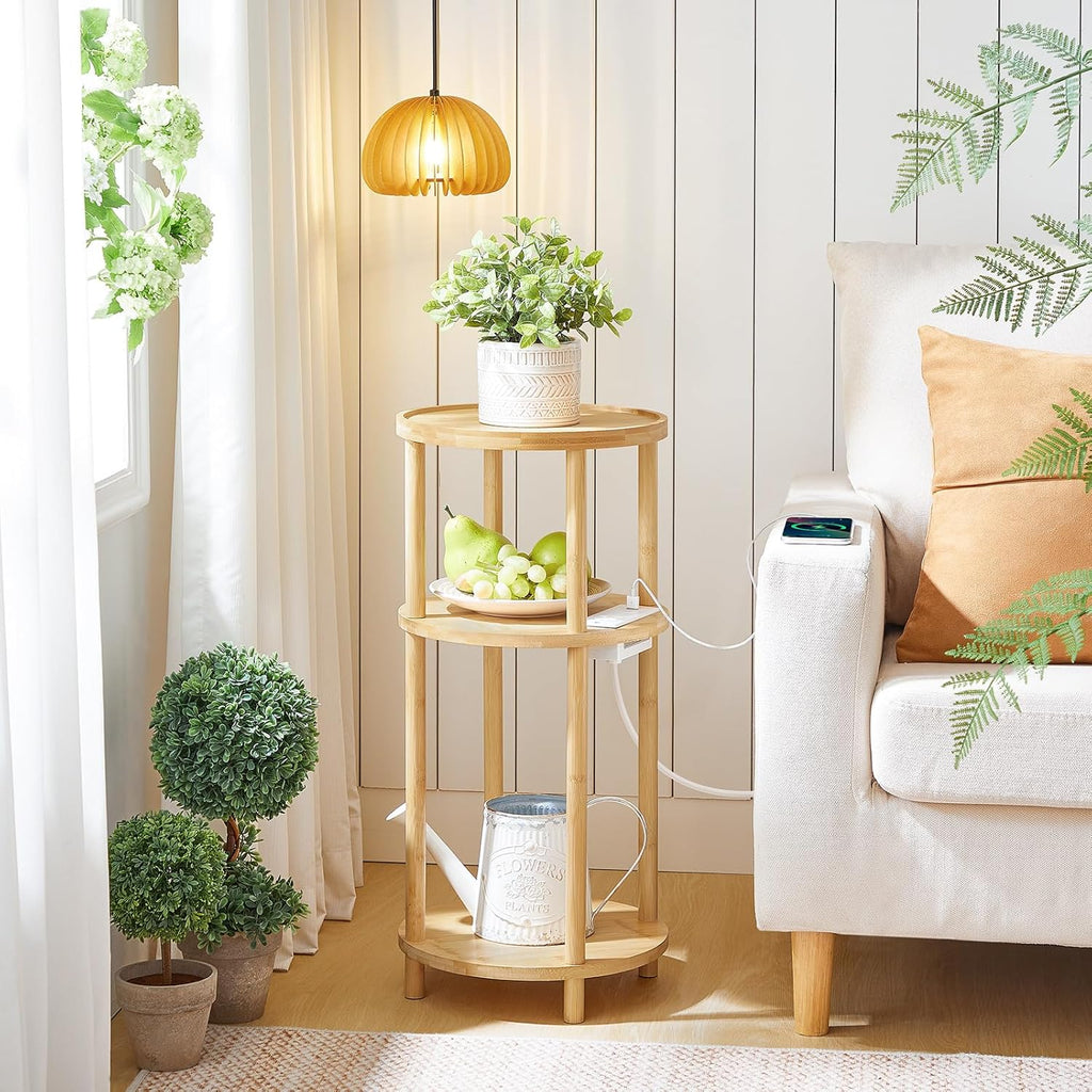 HOOBRO Small Round Side Table with Charging Station, 3-Tier Round Bamboo End Table, Compact Sofa Bedside Table for Small Space, Easy Assembly, for Living Room, Bedroom, Apartment, Natural YL152UBZ01