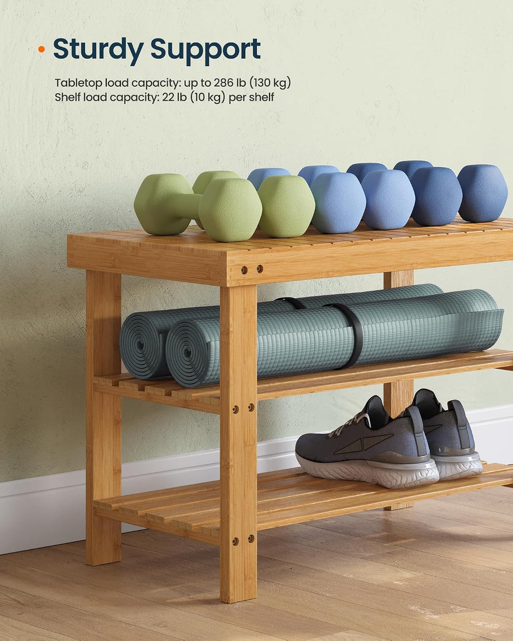 SONGMICS HOME 3-Tier Bamboo Shoe Bench, Shoe Rack, for Entryway Bathroom Bedroom, 11.5 x 27.8 x 18 Inches, Natural