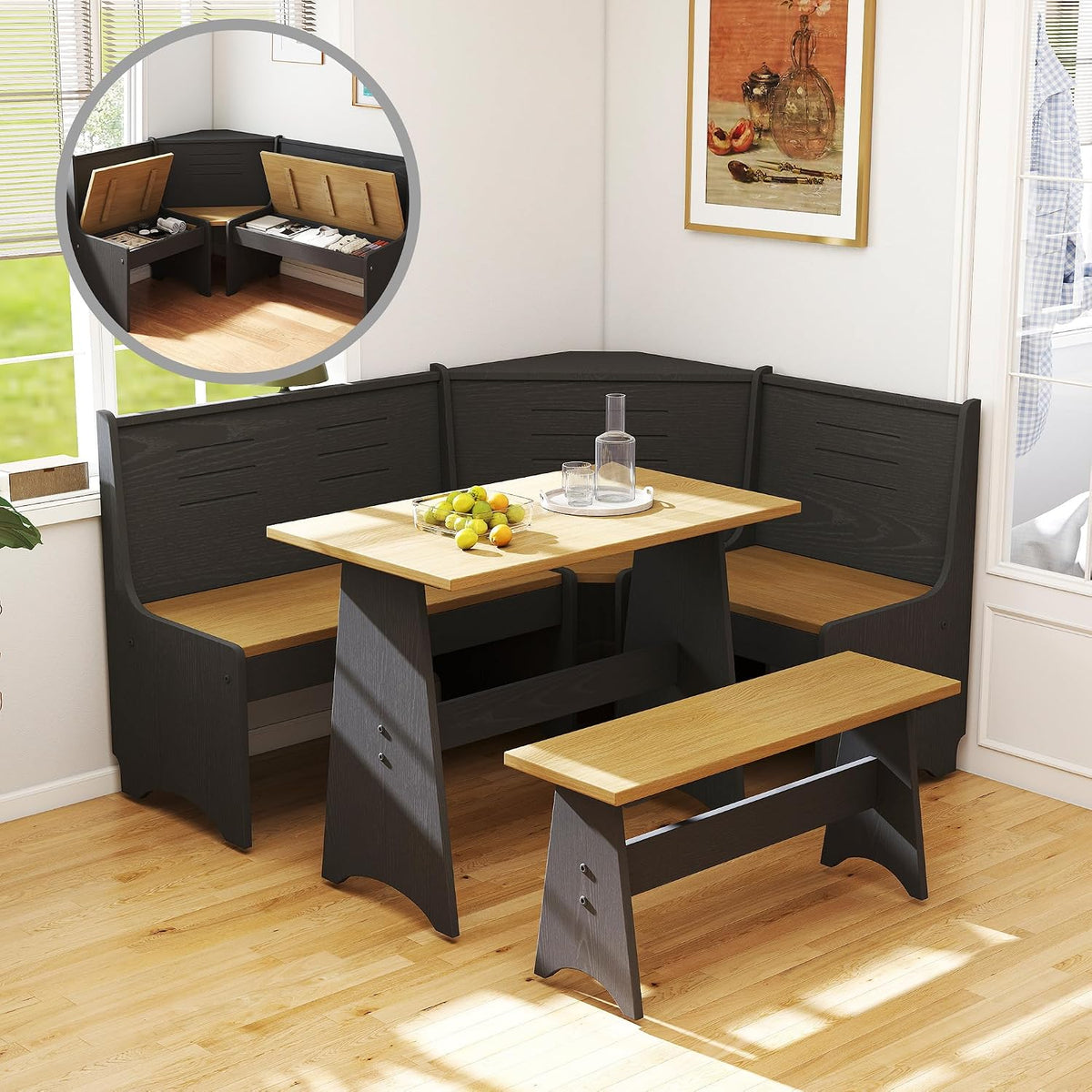 Breakfast Nook Set 3-4 Seat L-Shaped with Hidden Storage - Space Saving Corner Kitchen Dining Table & Bench Set - Farmhouse Family Home Wood Black