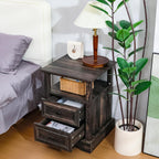 ALBAD Farmhouse Nightstand with Charging Station Rustic Bedside Table with 2 Drawers and Open Shelf Side Table with Metal Handle for Bedroom Office, Walnut Brown