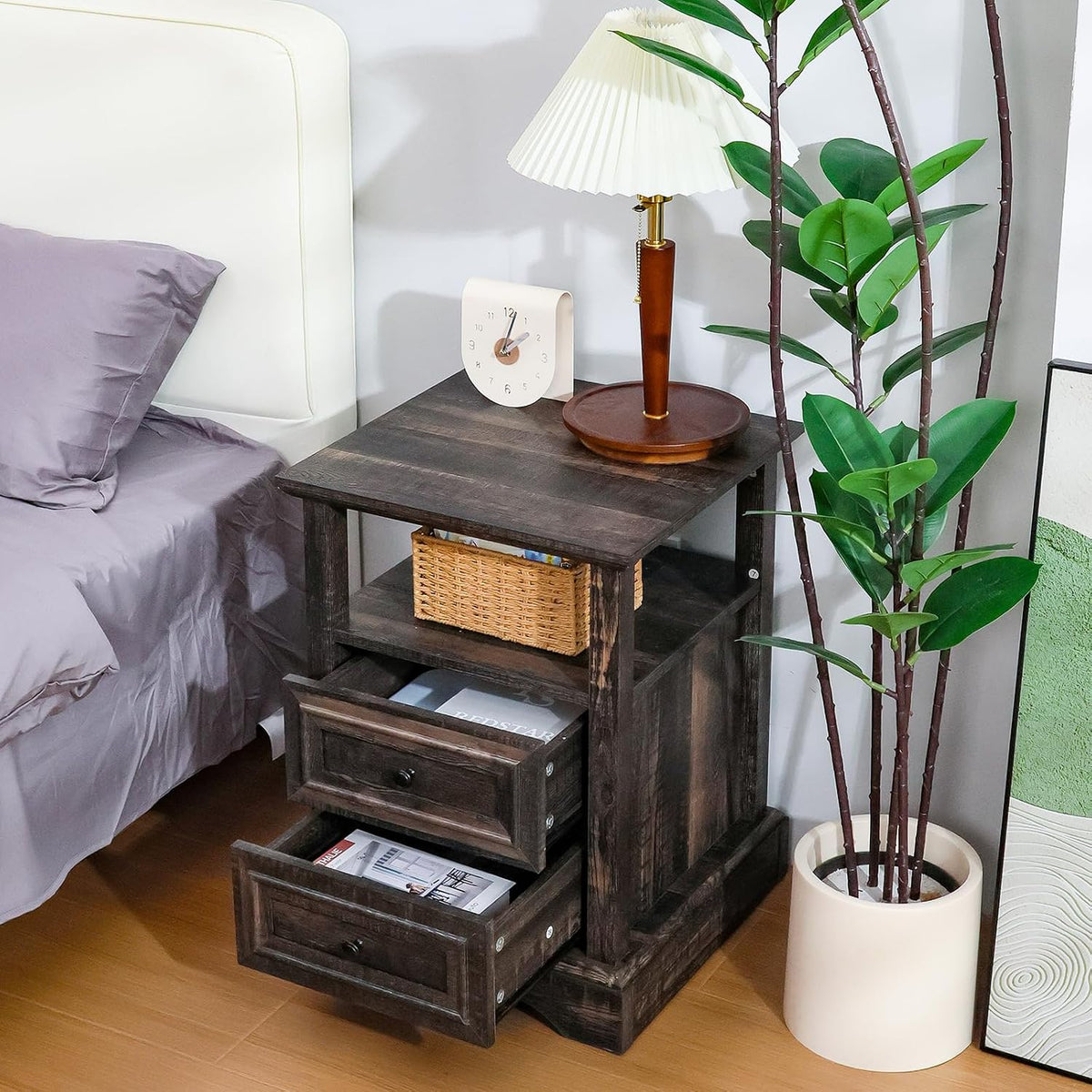 ALBAD Farmhouse Nightstand with Charging Station Rustic Bedside Table with 2 Drawers and Open Shelf Side Table with Metal Handle for Bedroom Office, Walnut Brown
