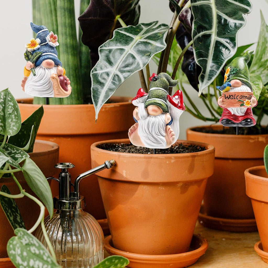 Garden Gnomes Stakes 3 Inch Plant Decorations for Pots Outdoor Statues Indoor 3 Pack Large Garden Gnomes Decorations for Home