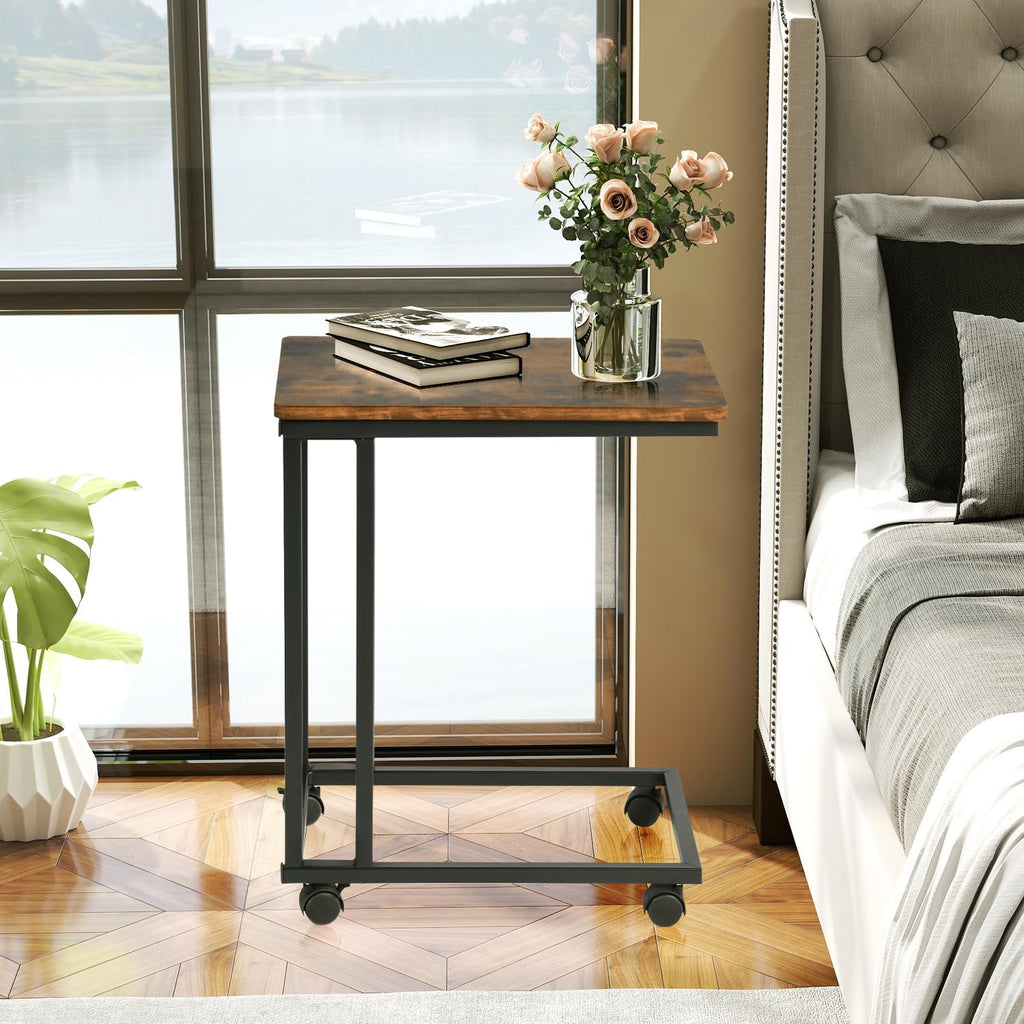 FurnitureR End Table C Shaped, Snack Side Table with Rolling Wheels for Sofa Couch and Bed, Portable, Easy Assembly, Metal Frame, Rustic Brown