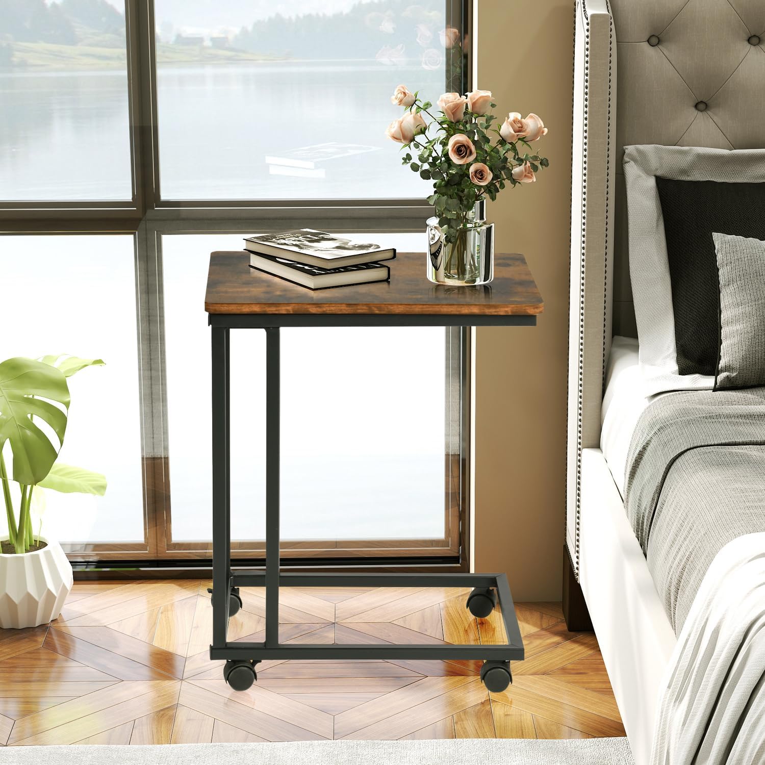 FurnitureR End Table C Shaped, Snack Side Table with Rolling Wheels for Sofa Couch and Bed, Portable, Easy Assembly, Metal Frame, Rustic Brown