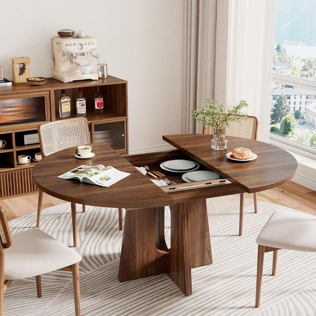 Epecoya 59-Inch Extendable Round to Oval Pedestal Dining Table, Farmhouse Wood Kitchen Table for 4-6 People, Space-Saving Expandable Dinner Table with Heavy Cross Base, Dark Brown Walnut