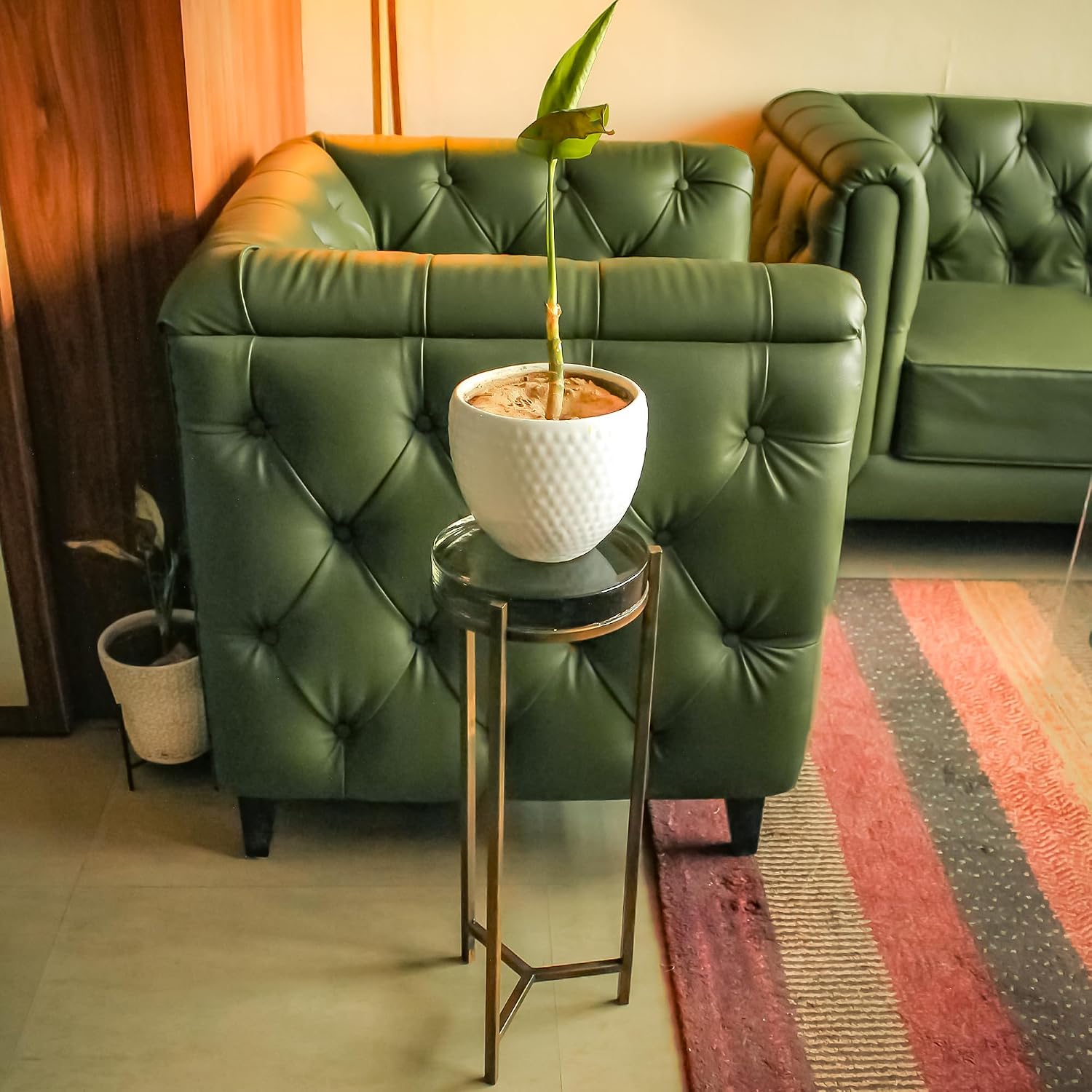 Modern Brass Drink Table, 9 x 9 x 23, with Clear Glass, Detailed Glass Accent Table for Small Spaces, Round Plant Stand for Stylish Home Decor,Christmas, New Year, Thanksgiving