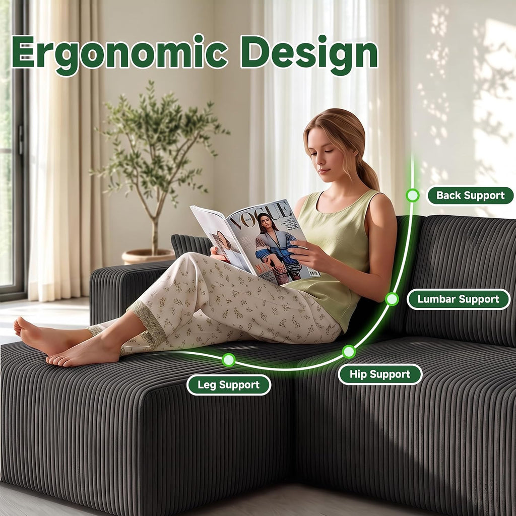 130" Couch U-Shaped Sectional Sofa, Black | Corduroy Cloud Couch with Double Chaise, 30D Memory Foam, Compressed Sofa for Living Room, No Assembly Required