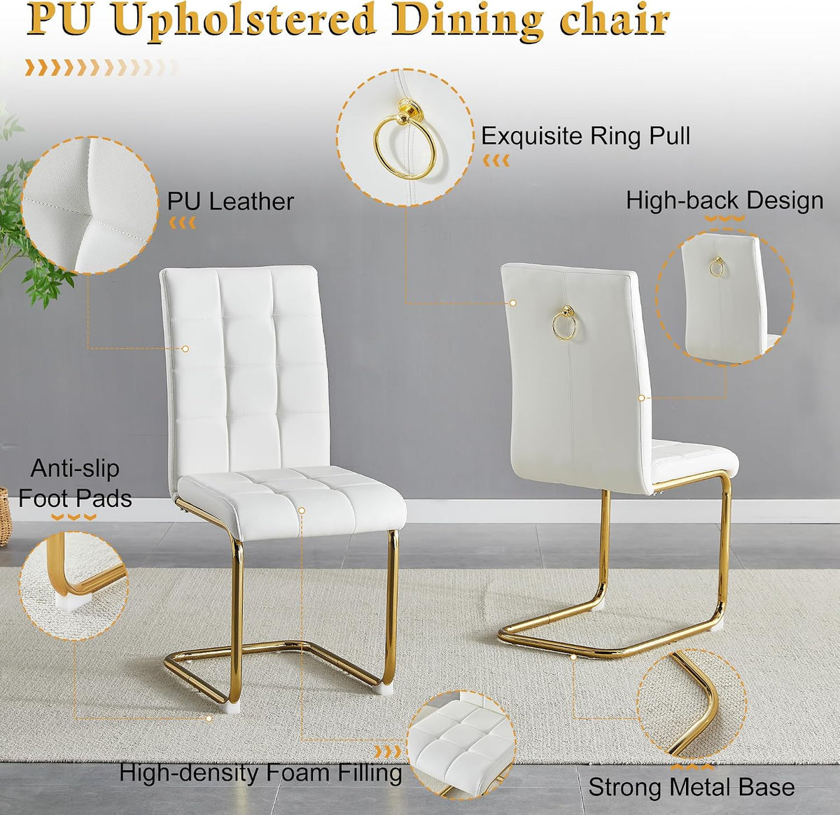 AF ARTISAN FURNITURE 5 Piece Square Glass Dining Table Set, Gold Glass Kitchen Table Set for 4 Modern Table Set with 4 White PU Upholstered Dining Chairs, for Small Space, Breakfast Nook