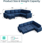 LINSY HOME Sectional Couches for Living Room, 81" U Shape 6 Seats, Blue | Sleeper sofa with pull out couch bed, corduroy couch with storage