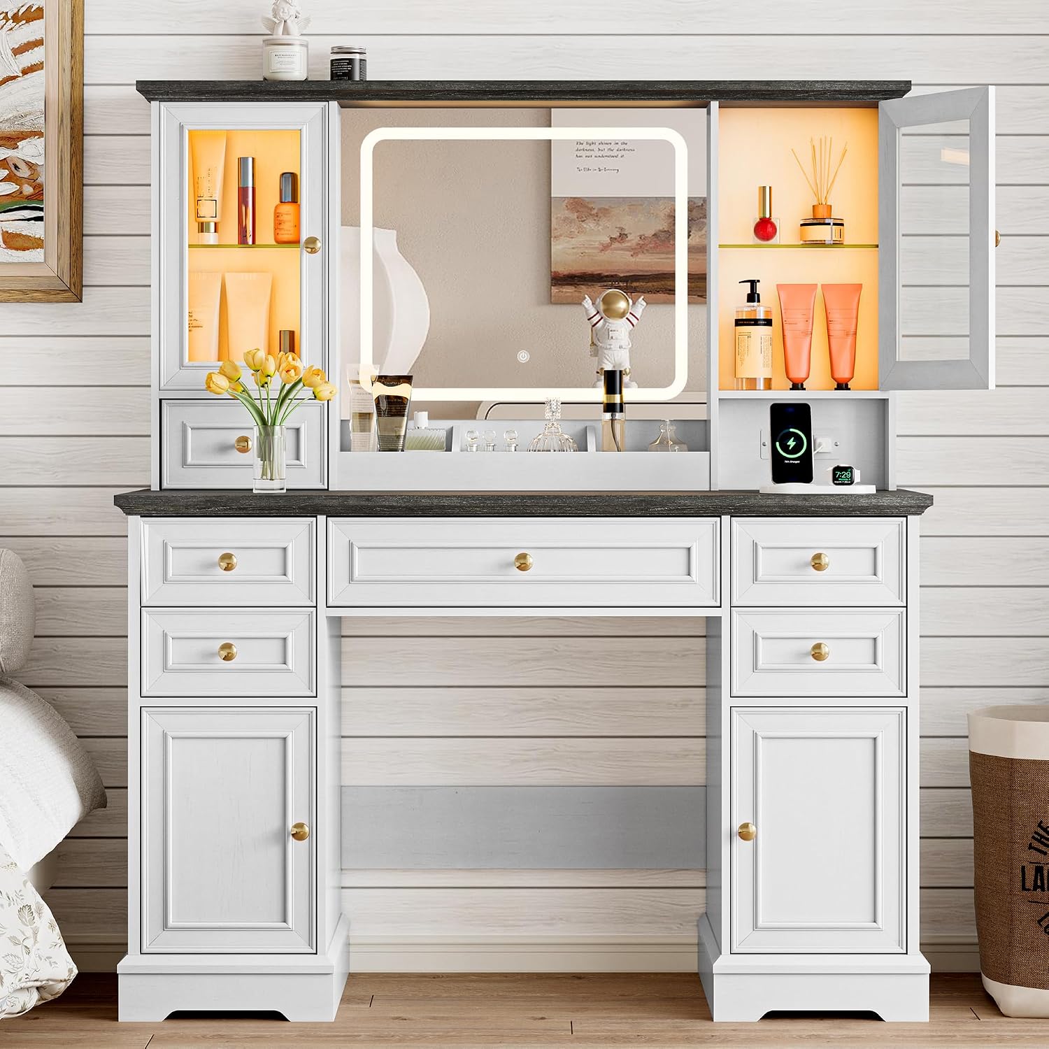 Xixini 43.3" Farmhouse Vanity Desk with LED Mirror, RGB Cabinets, White