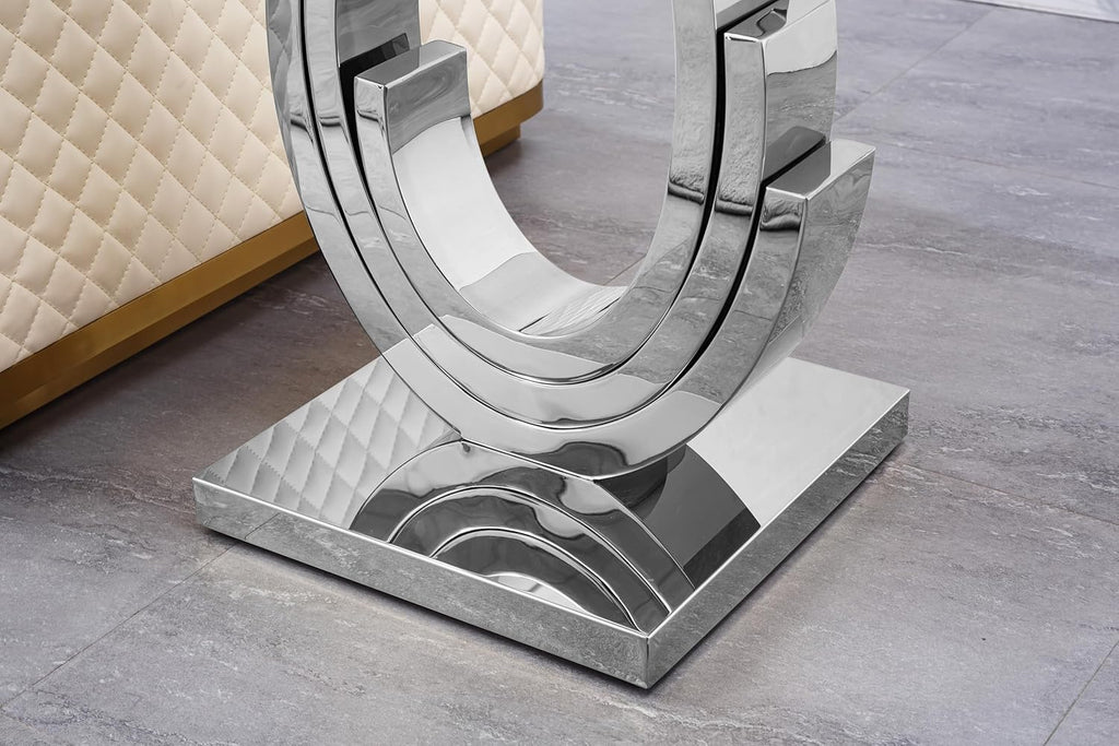 Glass End Table, 22.83" Square Side Table with Tempered Glass Top and Silver Mirror Finish Stainless Steel Three U-Shaped Base, Modern Small End Side Table for Living Room