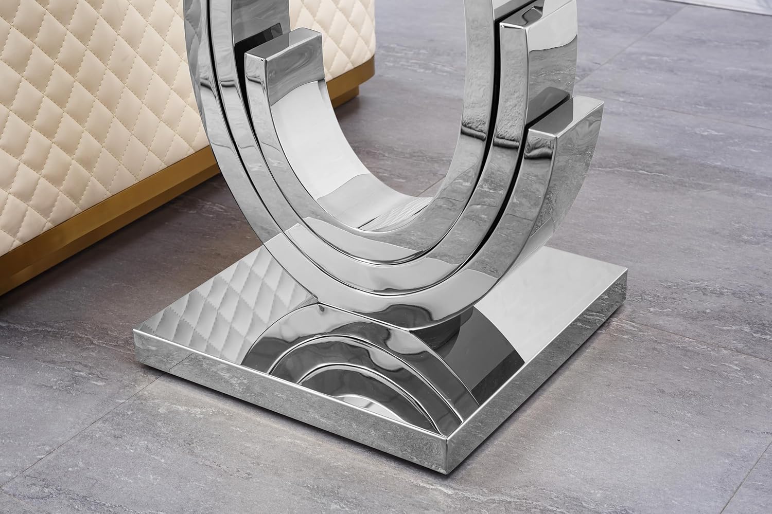 Glass End Table, 22.83" Square Side Table with Tempered Glass Top and Silver Mirror Finish Stainless Steel Three U-Shaped Base, Modern Small End Side Table for Living Room
