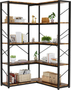 Shintenchi 5 Tier Corner Bookshelf, L Shaped Large Bookcase, Rustic Brown