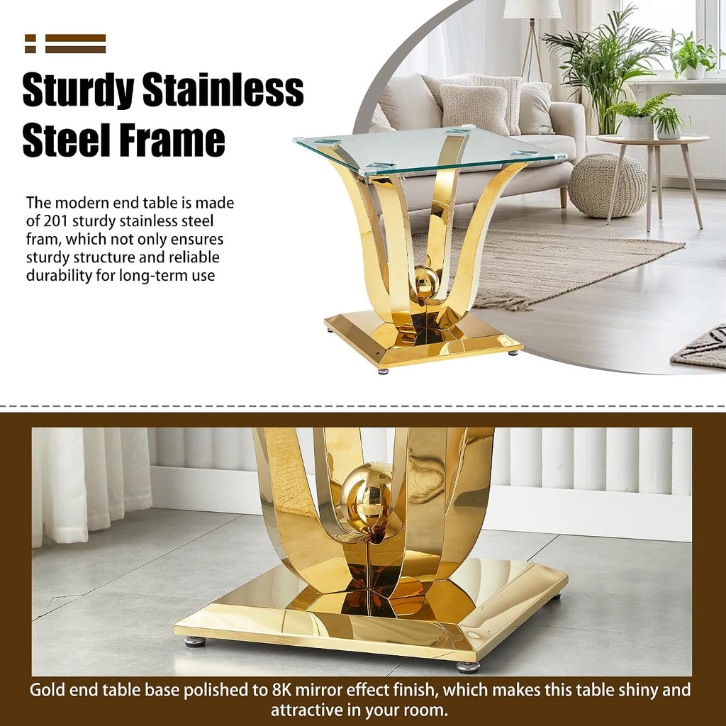 New Gold Glass Side Table, Luxury End Table with Mirror Finish Stainless Steel Base and Tempered Glass Top, Square Side Table for Living Room, Bedroom,Office