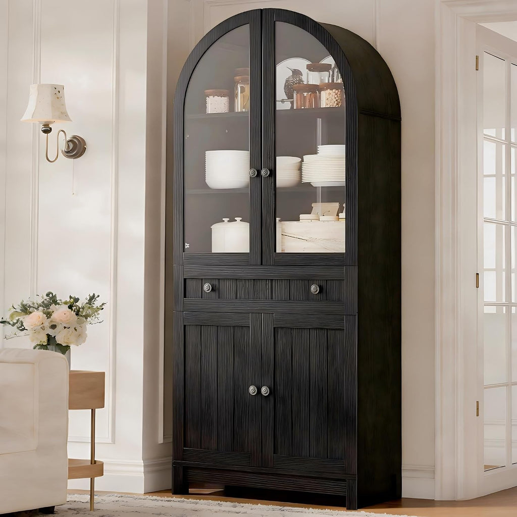YITAHOME 71" Arched Pantry Cabinet with Glass Door, Shelves & Drawer, Black | Farmhouse Wood Cupboard with Adjustable Shelves for Living Room and Dining Room