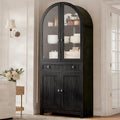 YITAHOME 71" Arched Pantry Cabinet with Glass Door, Shelves & Drawer, Black | Farmhouse Wood Cupboard with Adjustable Shelves for Living Room and Dining Room