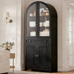 YITAHOME 71" Arched Pantry Cabinet with Glass Door, Shelves & Drawer, Black | Farmhouse Wood Cupboard with Adjustable Shelves for Living Room and Dining Room