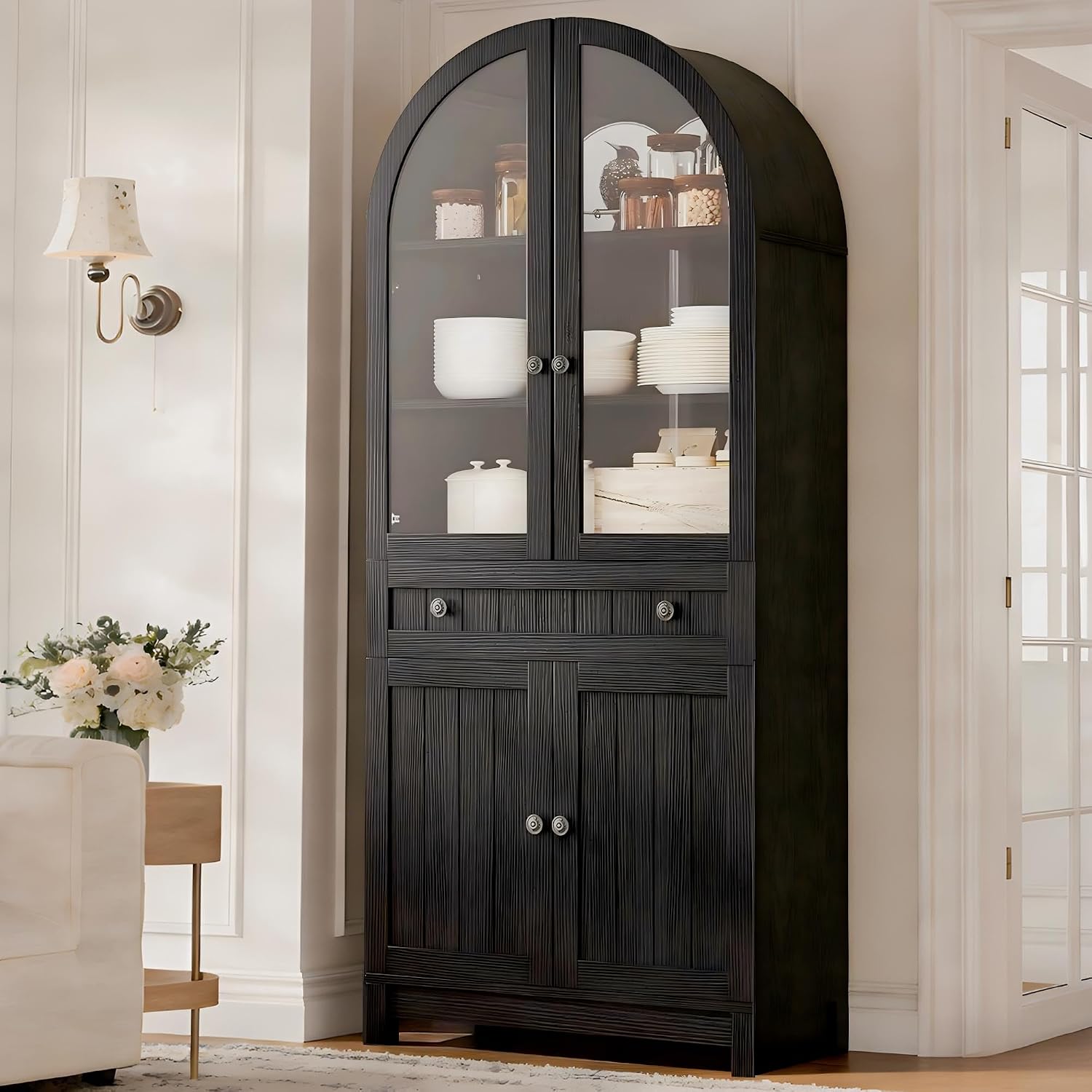 YITAHOME 71" Arched Pantry Cabinet with Glass Door, Shelves & Drawer, Black | Farmhouse Wood Cupboard with Adjustable Shelves for Living Room and Dining Room