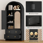 71" Arched Cabinet Kitchen Pantry Cabinet with Rattan Doors, Storage Cabinet with Drawers & Height Adjustable Shelves, Hutch Cabinets with Storage, Tall Arch Bookcase for Dining Room Kitchen, Black
