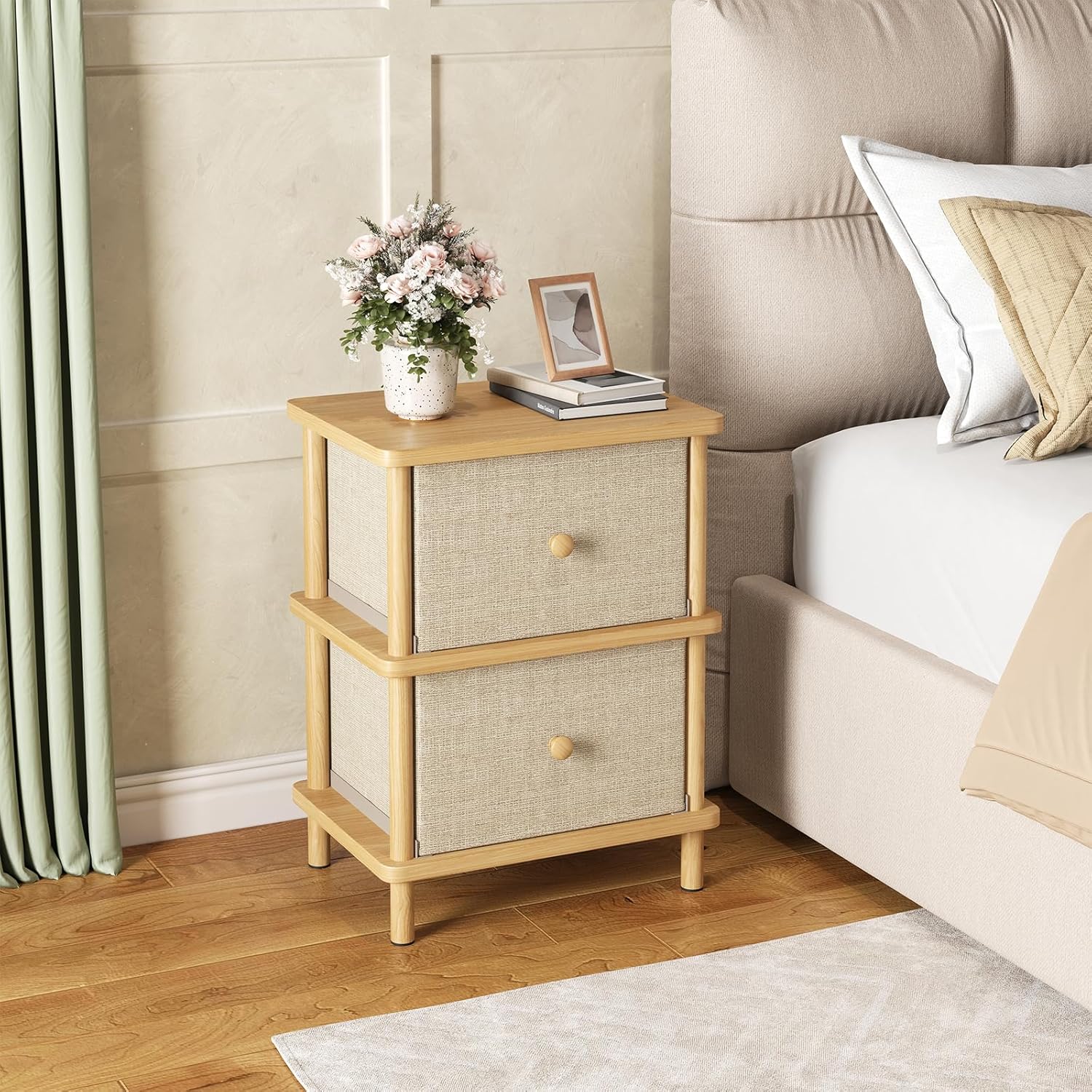 Apicizon Nightstand with 2 Storage Drawers, Boho Side Table with Solid Wood Legs, End Table for Small Spaces, Bedroom, Living Room, Entryway, Natural