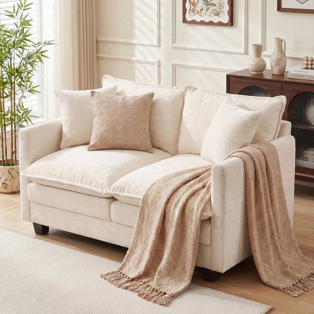 Loveseat Sofa Couch, Small Mini Compact 50" Love Seat 27" Deep Cloud Sofa Seat Washable Chenille Pillow for Apartment Bedroom Dorm Attic Studio Office Living Room Small Space 50-Beige