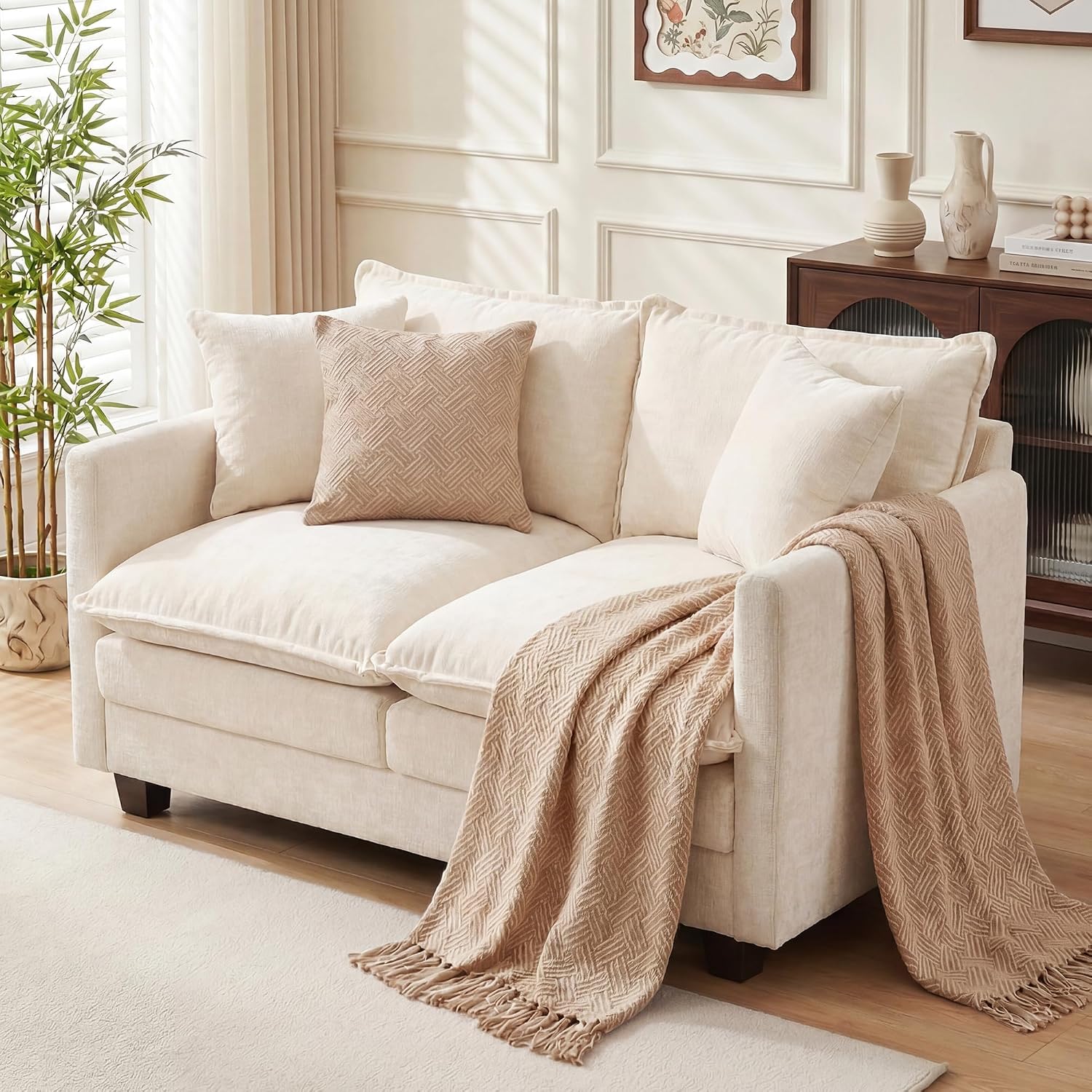 Loveseat Sofa Couch, Small Mini Compact 50" Love Seat 27" Deep Cloud Sofa Seat Washable Chenille Pillow for Apartment Bedroom Dorm Attic Studio Office Living Room Small Space 50-Beige
