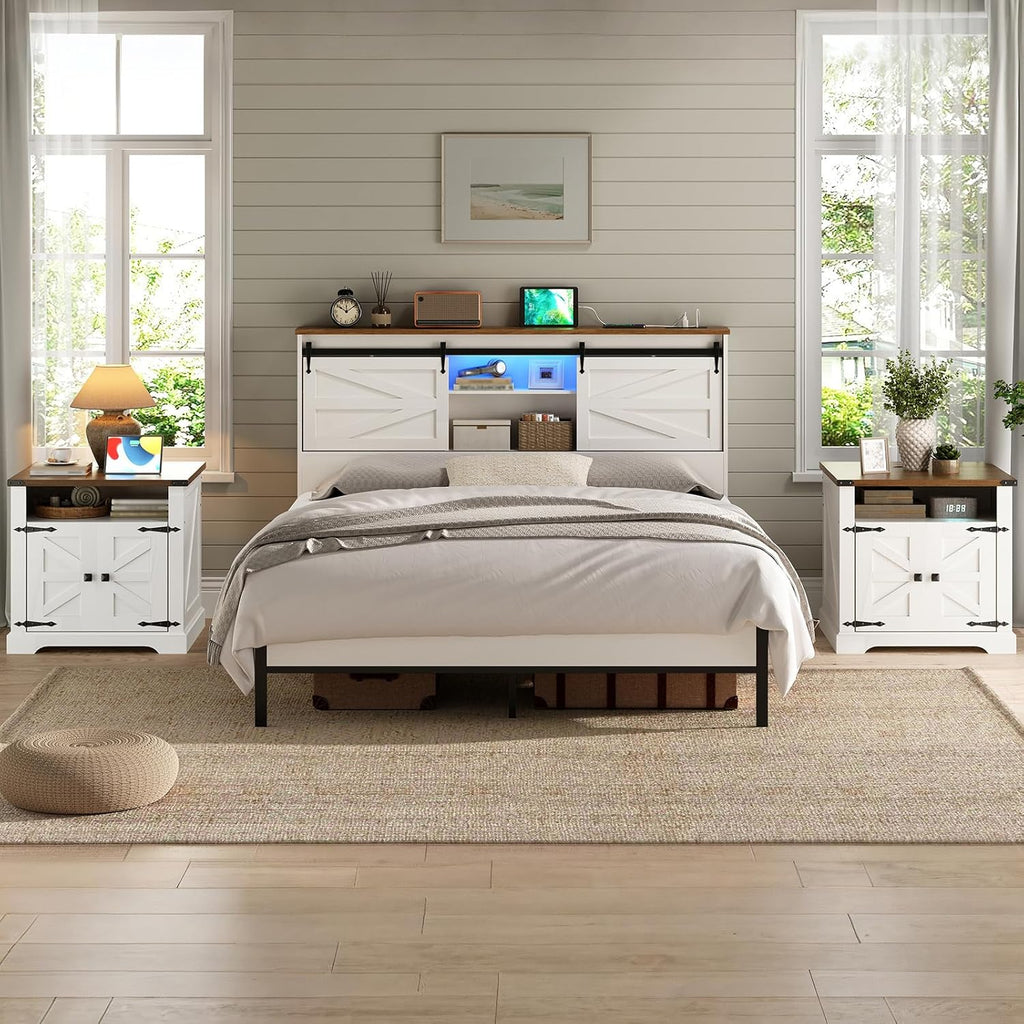 HOOBRO Farmhouse End Table with Charging Station, 23.6" Large End Tables for Living Room, Sofa Side Table with Barn Door, Wooden Square Nightstand Bedside Table, Flip Top, White and Walnut WH601UBZ01