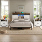 HOOBRO Farmhouse End Table with Charging Station, 23.6" Large End Tables for Living Room, Sofa Side Table with Barn Door, Wooden Square Nightstand Bedside Table, Flip Top, White and Walnut WH601UBZ01