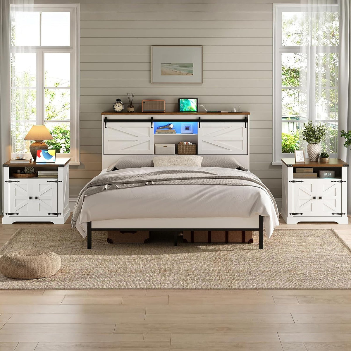 HOOBRO Farmhouse End Table with Charging Station, 23.6" Large End Tables for Living Room, Sofa Side Table with Barn Door, Wooden Square Nightstand Bedside Table, Flip Top, White and Walnut WH601UBZ01