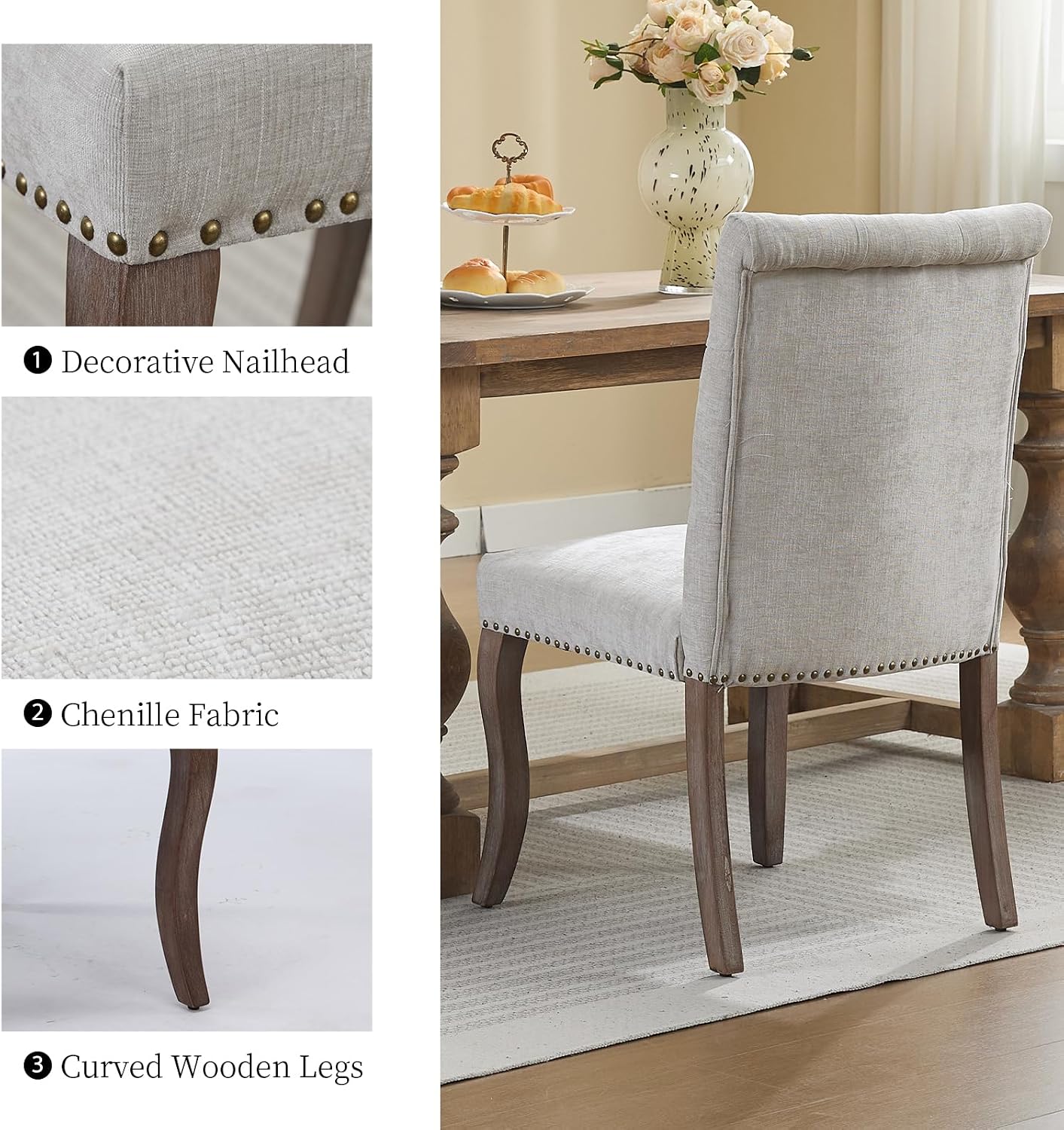 Modern Dining Chairs Set of 6, Upholstered Accent Parsons Dinning Chairs with Tufted Back and Solid Wood Legs, Comfortable Chenille Fabric Kitchen Chairs for Dining Room/Kitchen, Beige