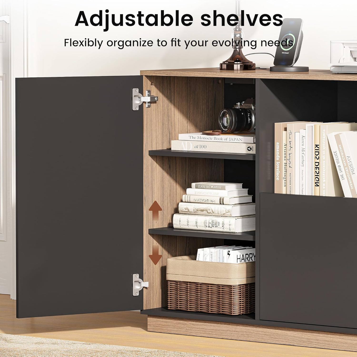 ModernMate 5 Drawer File Cabinet with Charging Station, Storage Cabinet with Door & Adjustable Shelves, Printer Stand with Open Shelf for Home Office, Fits A4/Letter Size, Black Walnut